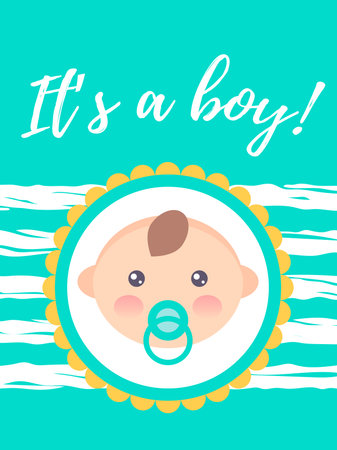 Vertical baby shower card with a cute baby boy. It's a boy.のイラスト素材