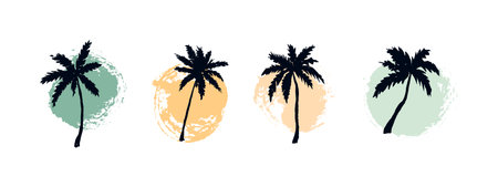 Set of hand drawn paint backgrounds with palm trees in pastel colors. hello summer design. vector illustrationのイラスト素材