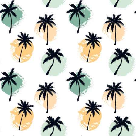 Hand drawn summer seamless pattern with palm trees and paint circles. vector illustrationのイラスト素材