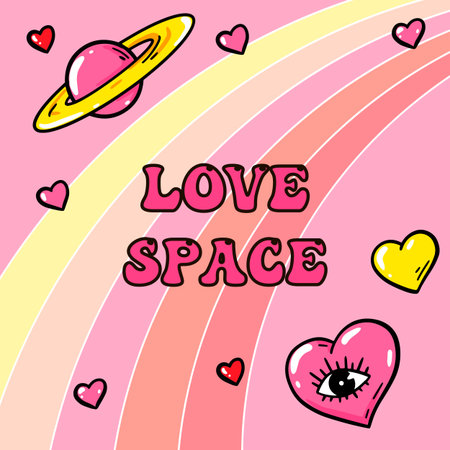 Trendy love poster with cute comic illustrations. Groovy vector design.のイラスト素材