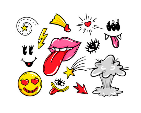 Comic Sticker pack with modern weird characters. vector illustrationのイラスト素材