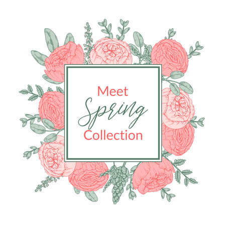 Spring floral frame. Gentle pastel design. hand drawn vector illustrationのイラスト素材