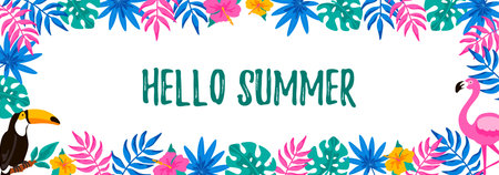 Horizontal summer design with hand drawn elements for banners, letters, invitation, messages, social media, cards. vector illustration. Space for text. hello summer letteringのイラスト素材