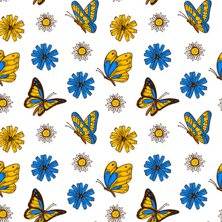 Butterfly seamless pattern in colors of blue and yellow Ukrainian flag. Stand with Ukraine design. hand drawn vector illustration.のイラスト素材