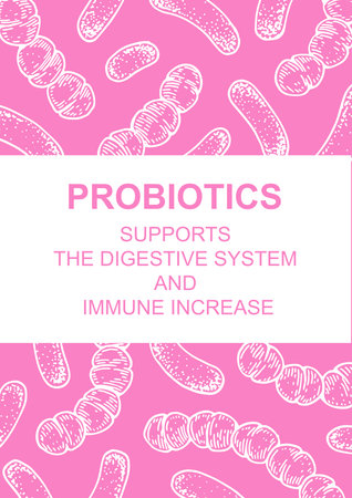 Hand drawn probiotics design for packaging and branding. Vector illustration in sketch style. microscopic bacteria close up. biology backgroundのイラスト素材