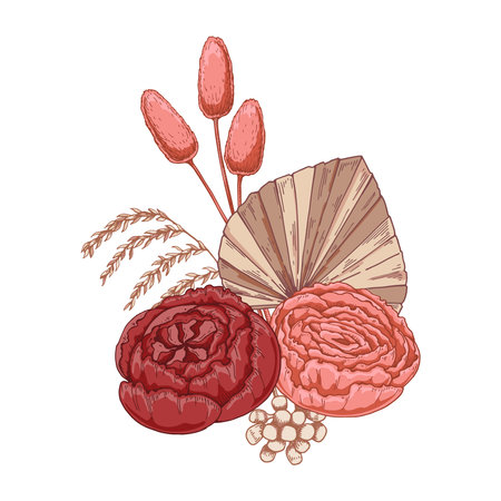 Modern flowers dried composition. boho bouquet. hand drawn vector illustrationのイラスト素材