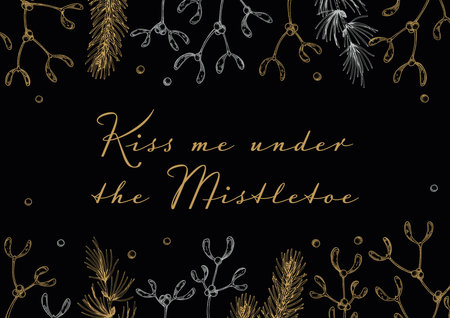Merry Christmas and Happy New Year horizontal greeting card with hand drawn golden mistletoe branches. Vector illustration in sketch style. Festive background. Kiss me under the mistletoeのイラスト素材