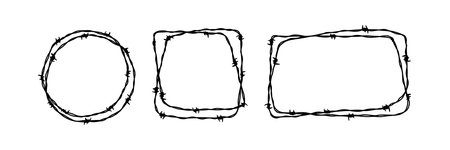 Set of barbed wire frames. Hand drawn vector illustration in sketch style. Design element for military, security, prison, slavery conceptsのイラスト素材