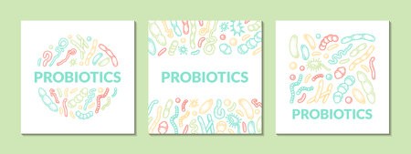 Set of probiotics hand drawn packaging designs. Scientific vector illustration in sketch styleのイラスト素材