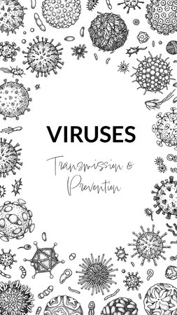 Virus vertical background in sketch style. Hand drawn bacteria, germ, microorganism. Microbiology scientific design. Vector illustration in sketch styleのイラスト素材