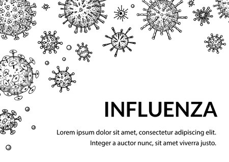 Virus horizontal background in sketch style. Hand drawn bacteria, germ, microorganism. Microbiology scientific design. Vector illustration in sketch styleのイラスト素材