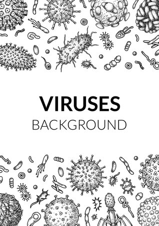 Virus vertical background in sketch style. Hand drawn bacteria, germ, microorganism. Microbiology scientific design. Vector illustration in sketch styleのイラスト素材