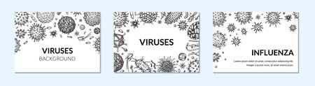Set of virus horizontal backgrounds in sketch style. Hand drawn bacteria, germ, microorganism. Microbiology scientific design. Vector illustration in sketch styleのイラスト素材