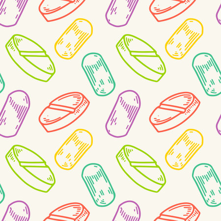 Pills seamless pattern. Hand drawn vector background in doodle sketch style. Pharmacy medical designのイラスト素材