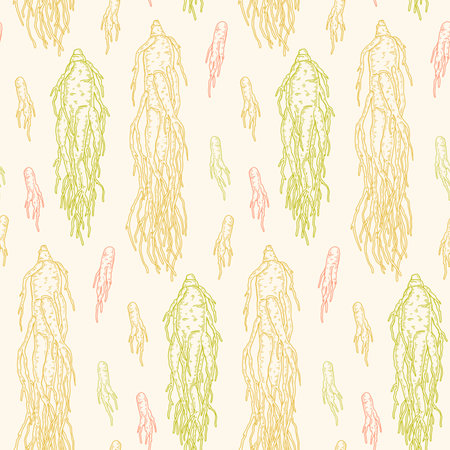 Hand drawn ginseng seamless pattern. Vector illustration in sketch style. Medical plant background. Botany designのイラスト素材
