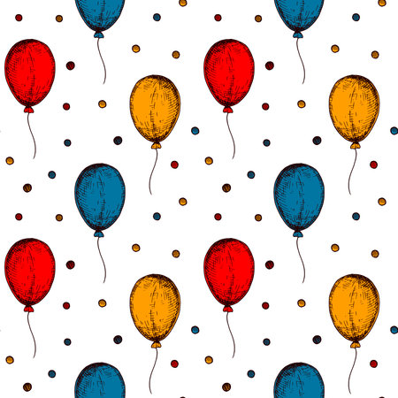 Balloon seamless pattern. Colorful hand drawn background in sketch style. birthday celebration design. vector illustration. Design for holiday event, carnival invitation, greeting cardのイラスト素材
