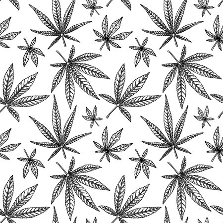 Marijuana leaves seamless pattern. Cannabis hand drawn vintage background. Vector illustration in sketch style. Weed engraving designのイラスト素材