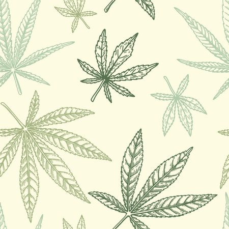 Marijuana leaves seamless pattern. Cannabis hand drawn vintage background. Vector illustration in sketch style. Weed engraving designのイラスト素材