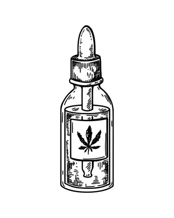 Cannabis cbd oil sketch. marijuana product drawing. Hand drawn realistic vector illustration in sketch styleのイラスト素材