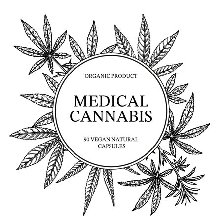 Medical cannabis frame. Marijuana plant design for logo template, packaging, social media posts. Medicinal legalization vector illustration in sketch styleのイラスト素材