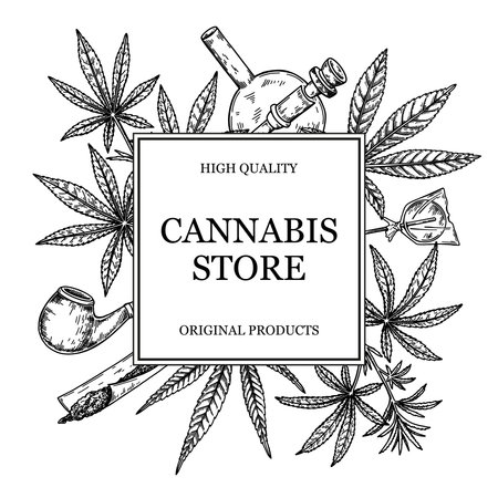 Medical cannabis frame. Marijuana plant design for logo template, packaging, social media posts. Medicinal legalization vector illustration in sketch styleのイラスト素材