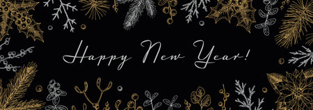 Merry Christmas and Happy New Year horizontal greeting card with hand drawn golden evergreen and mistletoe branches, holly berries on black background. Vector illustration in sketch styleのイラスト素材