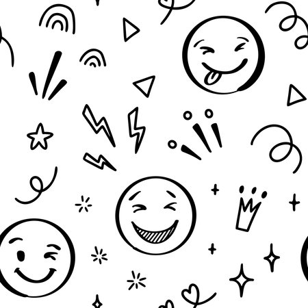 Doodle emoji seamless pattern. Hand drawn sketch positive emoticons background. Freehand emotion expression designのイラスト素材