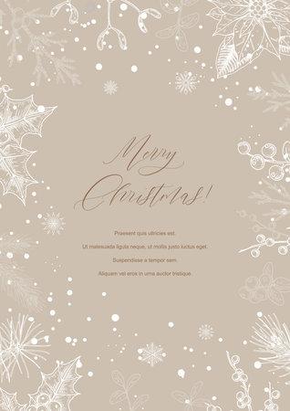 Merry Christmas and Happy New year greeting card. Hand drawn sketch winter postcard. Trendy holiday festive design background for invitations, certificate, social media templatesのイラスト素材