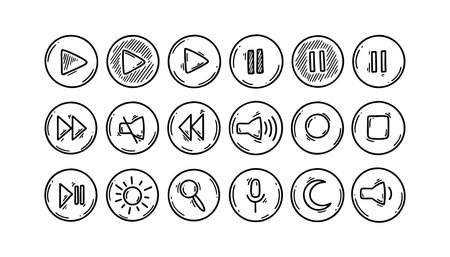 Doodle media and video interface circle buttons. Set of hand drawn sketch control icons. Lap top keyboard. Play, pause, stop, forward, rewind keys. Vector illustrationのイラスト素材