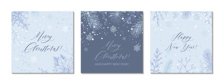 Set of Merry Christmas and Happy New year blue square greeting cards. Social media post template. Hand drawn sinter festive background with sketch botany elements. Engraving vector illustrationのイラスト素材