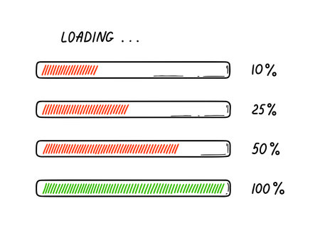 Set of doodle loading bars. Sketch download progress vector illustration, Upload status indicator....