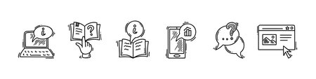 Doodle faq icons set. Ask questions and answers information web page. Guidebook, customer support chat, analytical statistic application sketch line symbols.のイラスト素材