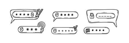 Doodle internet security concept. User verification, login, logout. Forgot password sketch vector illustration. Mobile app and PC user interfaceのイラスト素材