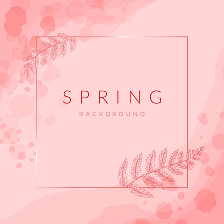 Square floral minimal frame. Flower plant elegant wreath. Pink watercolor background. Wedding, beauty, spa, jewelery salon, cosmetics packaging design and logo. Vintage line borderのイラスト素材