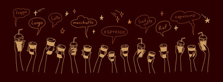 Coffee shop chalkboard design. Doodle hands up with coffee. Crowd of people, men and children...
