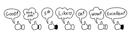 Positive expressions speech bubbles. Thumb up cute line doodle icon. Nice job, excellent, five star rate, wow, ok, like text. Social media post evaluation. Followers' emotionsのイラスト素材