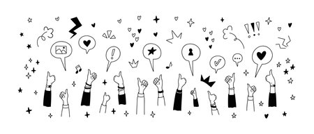 Cute line doodle thumb up hands design elements. Birthday party, school, music festival, celebration, event design illustration. Kid childish crayon scribble. Handwritten glitter and confettiのイラスト素材