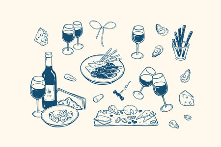 Wine and poets minimalist handwriting vector illustrations set. La Dolce Vita. Brie, camembert, roquefort, parmesan cheese, salami, jamon charcuterie board and platte. Summer Italian picnicのイラスト素材