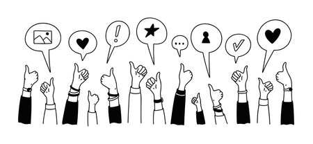 Hands up doodle background. Social media post like. Online messaging, subscribe, blogging, follower reaction, feedback. Crowd of happy people, satisfied customers, clients, business audienceのイラスト素材