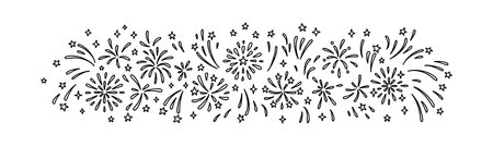 Doodle firework background. Happy New Year eve and Merry Christmas festive hand drawn vector pattern. Firecracker rocket explosion in the sky. Glitter, star, sparks, twinkle, confetti party borderのイラスト素材