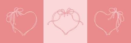 Pink hand drawn cute line doodle heart ribbon frames with tied bow. Save the date concept. Valentines Day greeting card design elements. Boho modern minimalist style. Pink wavy whimsical borderのイラスト素材