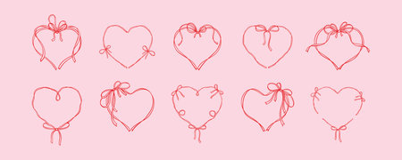 Valentines day elegant greeting card template. Cute line art hand drawn bow ribbon heart frame. Romantic love drawing. Coquette, flirtation, girly concept. Menu, wedding, Birthday invitation designのイラスト素材