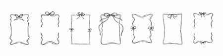 Set of rectangular vertical scroll ribbon frames with cute bows. Menu, bachelorette party, wedding, birthday, Christmas design elements. Coquette style. Art nouveau motive. Crayon, charcoal drawingのイラスト素材
