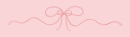 Hand drawn bow ribbon text divider, tape separator. Fancy sketchy vintage flourish design elements. Filigree wavy pink whimsical background. Christmas present, birthday gift tape packのイラスト素材