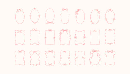 Bow ribbon border set. Hand drawn vertical oval and rectangle cute vintage coquettish frames. Line art doodle vector illustration. Wedding invite, valentine card, Christmas holiday celebration elementsのイラスト素材