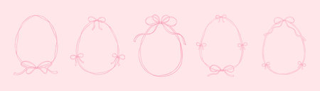 Set of hand drawn whimsical pink ribbon frames with cute bows. Easter egg shape doodle drawing. Design element for egg hunt, restaurant menu, party invitation, greeting card, promotionのイラスト素材