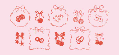 Set of girly coquette flirtatious elements for valentines day, wedding, bachelorette party, birthday, casino, gambling designs. Feminine pink background. Bow ribbon cherries and whimsical framesのイラスト素材