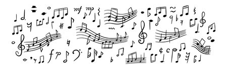 Classic music handwritten sketch background. Set of doodle notes, composer signs and symbols. Dynamic melody concept. Music sheet and staff. Piano classical concert vector illustrationのイラスト素材
