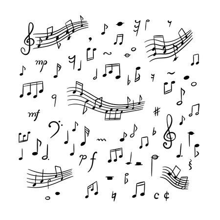 Hand drawn cute line doodle music notes and signs set. Crayon scribble background. Handwritten sketch vector illustration. Melody sound symbols. Whimsical chalk childish patternのイラスト素材