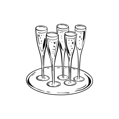 Hand drawn doodle tray with champagne glasses. Sparkling wine sketch vector illustration. Prosecco girly drawing. New year, Christmas, Valentines day, Birthday, bachelorette party romantic celebrationのイラスト素材